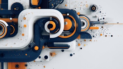 Wall Mural - abstract, layered geometric composition with interconnected forms, blue, white & orange