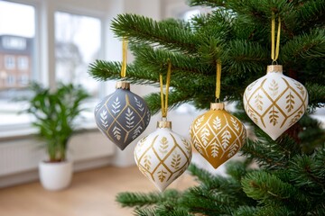 Wall Mural - christmas ornaments hanging on christmas tree with golden ribbons in modern apartment