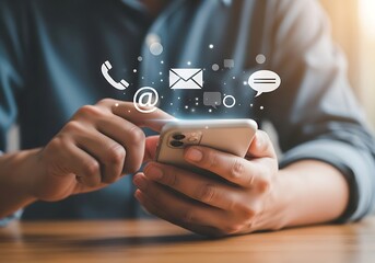 man using a smartphone for communication with email messages calls and social media networks for bus