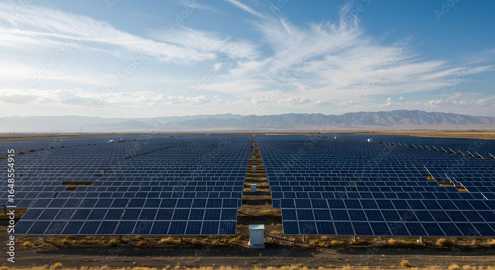 Vast solar farm generating clean energy against a stunning mountain ...