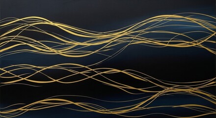 Wall Mural - abstract painting with flowing gold lines on a dark blue background