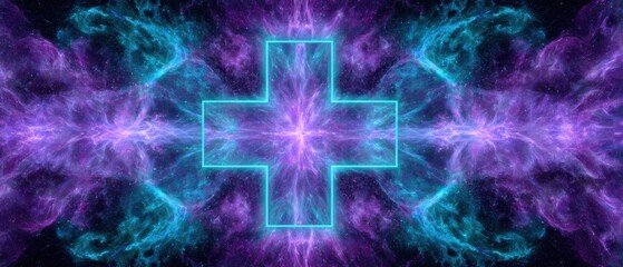 Wall Mural - a vibrant, cosmic artwork featuring swirling purple and teal hues, centered around a glowing cross s