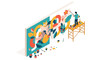 © akun - Male artist on a scaffold painting a large, colorful, abstract floral mural on a wall.