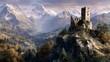 © Jibber  - Mittelalterliche Ruine auf Bergspitze mit verschneiten Alpen im Hintergrund