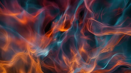 Wall Mural - abstract smoke-like forms with blue, red and orange gradient colors swirl across the black backgroun