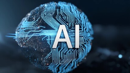 
An AI logo in blue and silver on a dark background with circuit board patterns, in a digital art style with a futuristic feel, featuring glowing light effects 