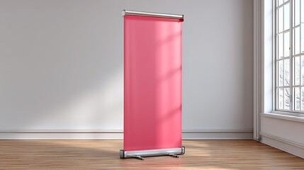 Isolated roll-up banner stand with blank retractable fabric display in a minimalist studio setting, perfect for event or trade show use.