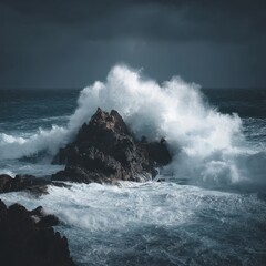  Wild ocean waves crashing against black rocks