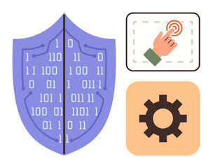 Shield with binary code, hand tapping touchscreen button and gear icon. Ideal for cybersecurity, encryption, data safety, digital tools, technology operations, user interface, simple flat metaphor