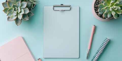 Pale blue clipboard with handwritten notes and succulent accent