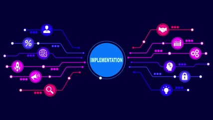 IMPLEMENTATION, web technology concept. Business, Technology, Internet and network concept. Abstract technology symbols on a blue background.