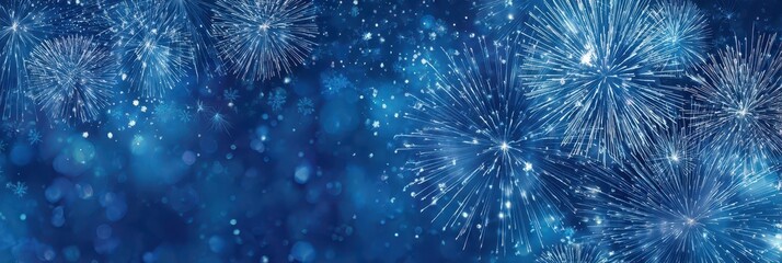 Wall Mural - Festive New Year Header: Explosive Fireworks against a Starry Blue Canvas with Space for Personal Messages