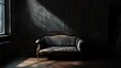 © Mufarokah - Sunlit antique settee in a dimly lit room with dark walls and hardwood floor