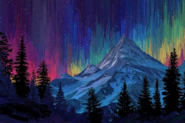 Wall Mural - Northern Lights Dancing Over Majestic Snow-Capped Mountains Under a Starry Sky
