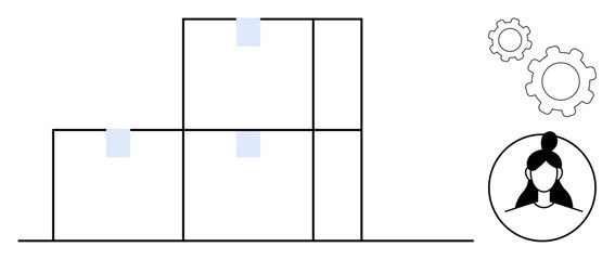 Three stacked boxes symbolizing organization, gears for process optimization, female avatar for workforce. Ideal for strategy, management, productivity, efficiency, operations, teamwork simple