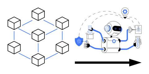 Wall Mural - blockchain structure linked with ai robot handling diverse tasks thumbs up ideas, data, and processi