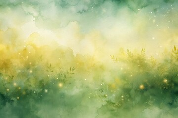 Wall Mural - Enchanted Evening Meadow A Serene Watercolor Landscape Depicting a Mystical, Dreamlike Scene with Glowing Lights and Silhouetted Foliage