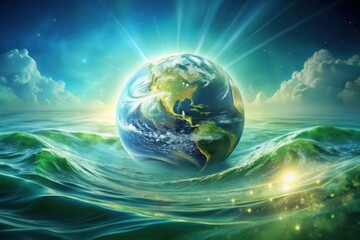 Wall Mural - A Radiant Orb Rests Gently Upon a Sea of Serene Emerald Waves, Bathed in the Glow of a Celestial Dawn