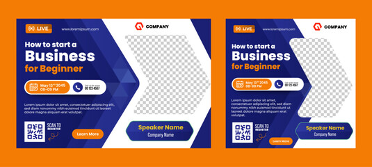 Wall Mural - Live webinar Online business conference web banner and social media poster template design. vector