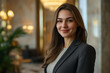 © Tetiana - Smiling receptionist in professional uniform welcoming guests at hotel front desk with warm hospitality, generative ai