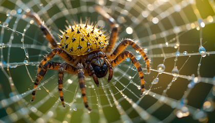 A spiky yellow orb weaver spider with dewdrops on its intricate web captured in a detailed macro photograph