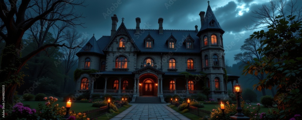 gothic haunted mansion with steep roofs towering spires cracked walls ...