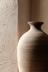 Wall Mural - Minimalist sunlit ceramic vase with textured wall background
