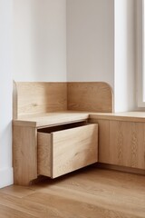 Wall Mural - Minimalist wooden corner bench with built-in storage for modern interiors