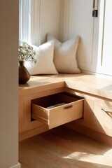 Wall Mural - Cozy corner with wooden drawer and cushions in sunlit room interior
