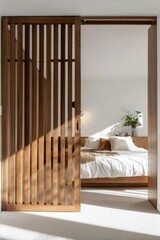 Wall Mural - Modern bedroom with sliding wooden door and cozy interior design