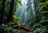 the shadowed dense jungle stores carbon in massive trees moss carpets ground ferns and undergrowth trap carbon fallen logs decay slowly in dark humid forest