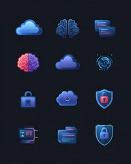 Cloud computing brain data security icons; dark background; tech app design