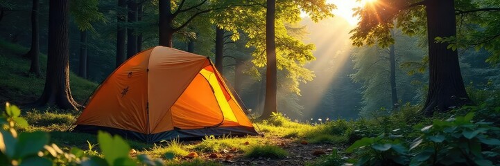 Wall Mural - A cozy camping tent pitched in a lush forest clearing, sunlight dappling through the trees Ready for a peaceful night under the stars, surrounded by nature's beauty , adventure, fall, quiet