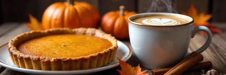 Wall Mural - A steaming mug of pumpkin spice latte sits beside a plate of pumpkin pie, surrounded by autumn leaves and cinnamon sticks, creating a cozy fall scene , drink, beverage