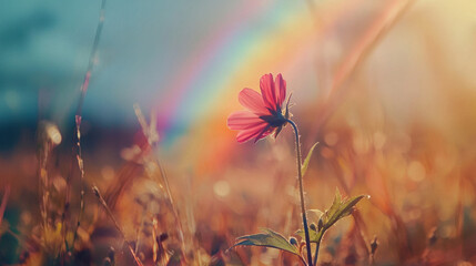 Sticker - A Polaroid photo of a flower in a field, with a rainbow in the background, Soft, dreamy lighting creates a nostalgic and whimsical mood.