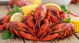 Rustic crawfish feast featuring vibrant red crustaceans and accompaniments on a wood surface