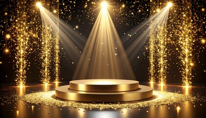 Wall Mural - golden spotlights shine on the stage, stars in the dark night