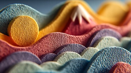 Abstract colorful textured landscape with layered waves and a circular yellow object in a