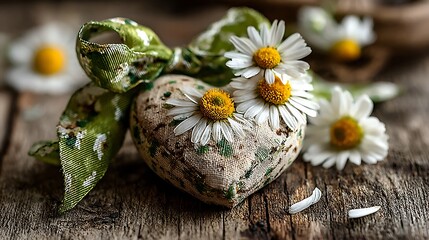 Heart shaped fabric object adorned with daisies and green ribbon on rustic wooden surface