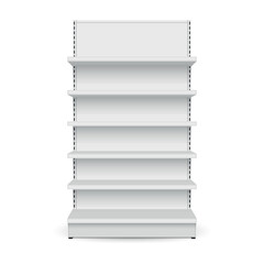 White empty store shelf rack mockup front. Product shelves counter design. Supermarket product advertising blank.
