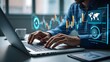 © Arnab Dey - Businessman analyzing financial technology data for investment integration using laptop in modern office, visualizing digital charts, market trends, and fintech insights for economic strategy.
