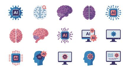 Artificial intelligence icons set: brain, circuit, computer, gear symbols in flat style