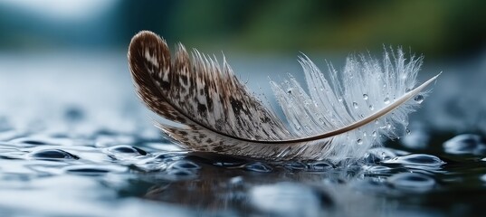 Wall Mural - Delicate Feather Resting Lightly on Rippling Water Surface, Symbolizing Serenity and Natural Beauty