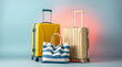 © chariesh - beach bag side of two yellow suitcases isolated on blue background