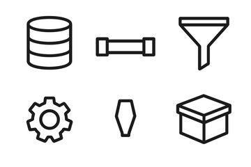 Icons representing data management concepts including database, tools, and filtering techniques for software development