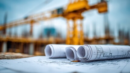 Close-up shot of rolled-up blueprints resting on a table with a construction site in the blurred background, showcasing architectural plans and design concepts.