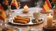 © Big - Spanish Churros with Hot Chocolate Served on an Elegant Table Setting