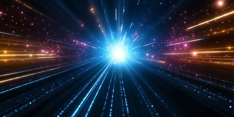Canvas Print - futuristic neon grid technology illustration featuring light rays and a deep blue space backdrop