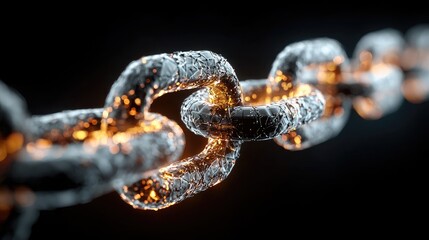 Dynamic glowing chain links symbolizing connection, blockchain technology, data security, and digital transformation against a dark background