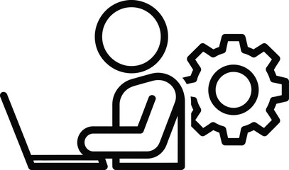 Person working on laptop with gear isolated on white background, representing technology and development
